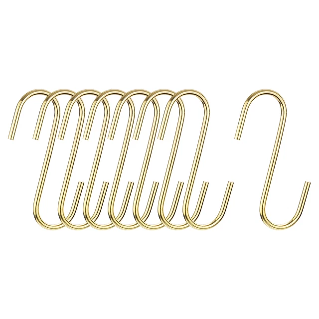 S Hanging Hooks, 5inch(120mm) Extra Long Steel Hanger, Gold Tone, 8Pcs