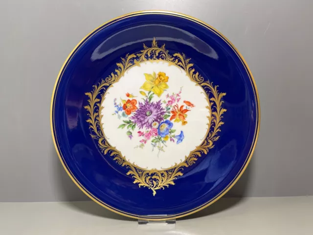 MEISSEN TELLER SCHALE KOBALTBLAUER FOND BLUMENMALEREI BLUMEN GOLDDEKOR D:31,3cm