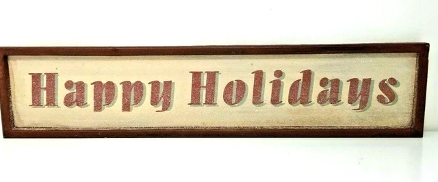 Wood Sign Happy Holidays Sparkles Maroon Stained Long Rectangle