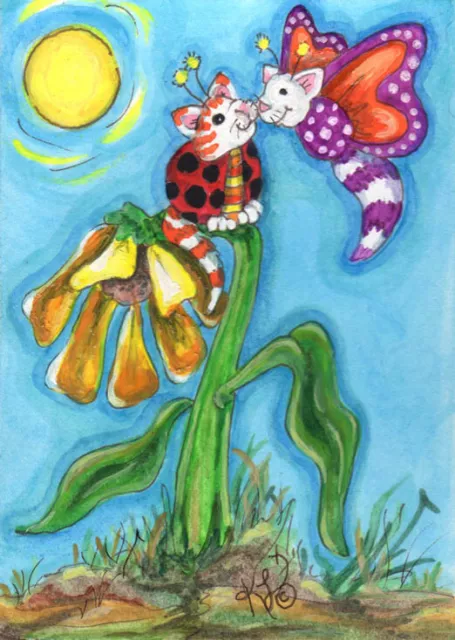 ACEO Original Cat Lady Bug Butterfly kisses Sun flower Loberg Fantasy Mini Art