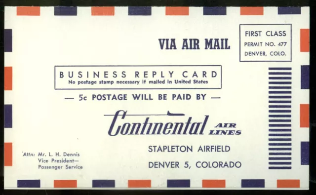 Continental Airlines airline comments & suggestions mailer 1950s