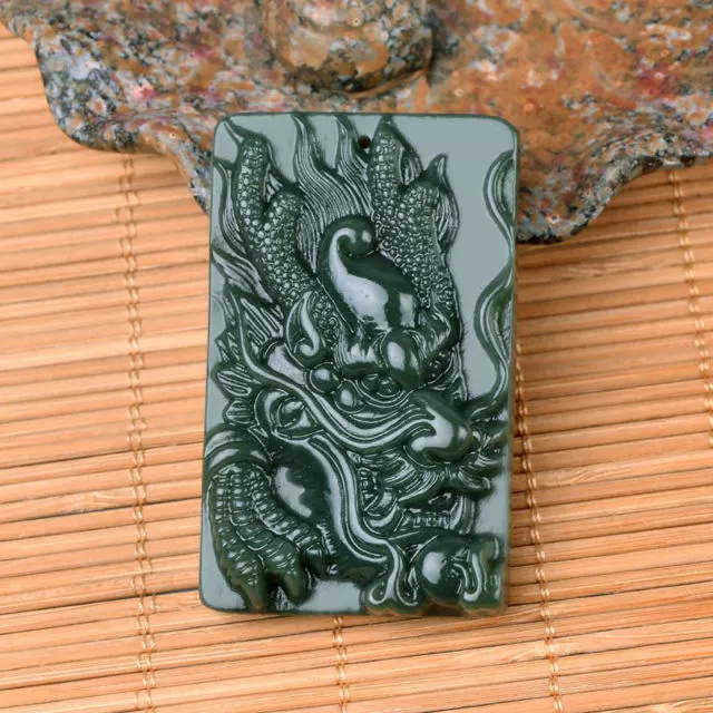 Chinese Rich Green Natural Hand-Carved HeTian Jade Pendant w Dragon
