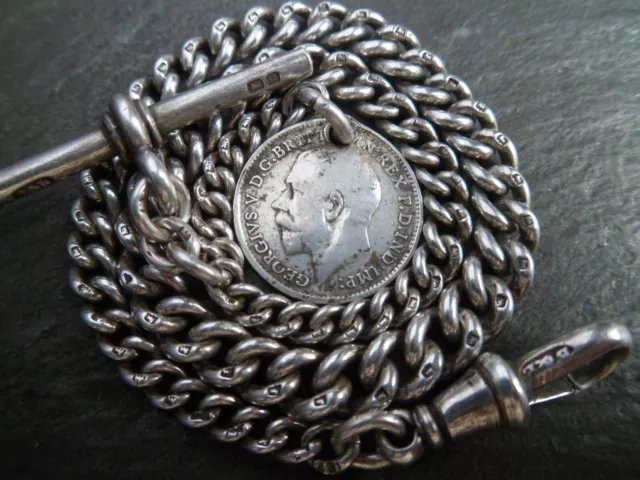 Antique Solid Silver Short Graduated Albert Pocket Watch Chain and Silver Coin