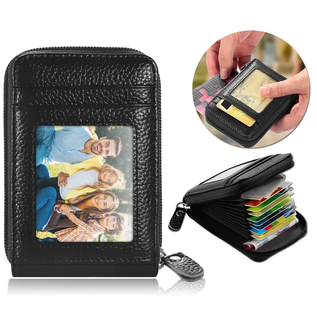 RFID Leather Credit Card Wallet Zipped Bag 12 Cards Holder Contactless Blocking