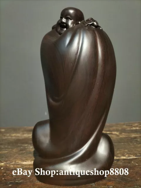 10'' Chinese Buddhism Wood Ebony Carving Happy Laugh Maitreya Buddha Bat Lukcy S