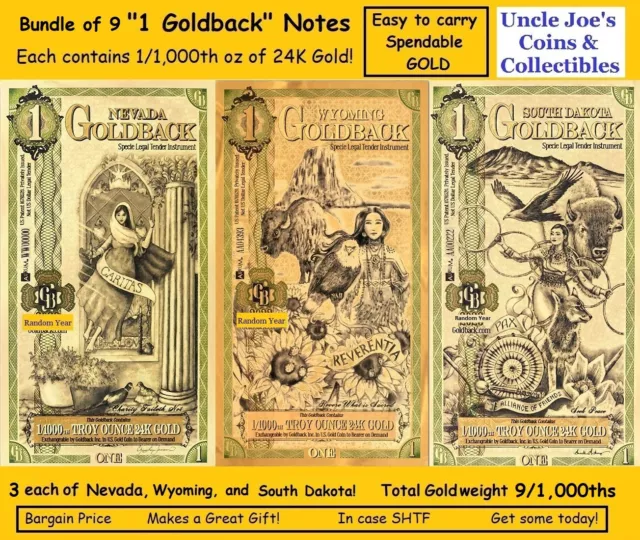 Nine "1 Goldback Notes" NV, WY, SD Each is 1/1000th 24K Gold! Trade Spend Save