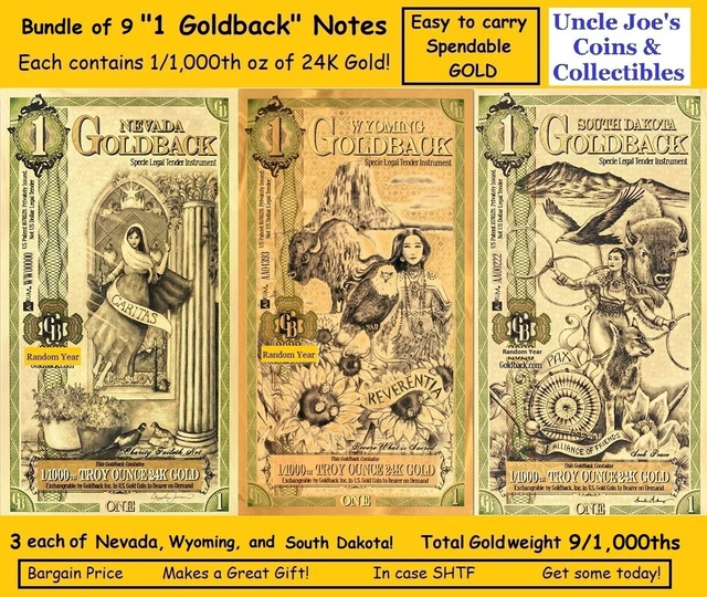 Nine "1 Goldback Notes" NV, WY, SD Each is 1/1000th 24K Gold! Trade Spend Save