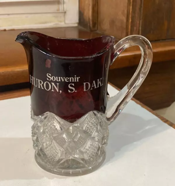 Ruby Glass EAPG Creamer Souvenir of Huron, S. South Dakota Circa 1910s