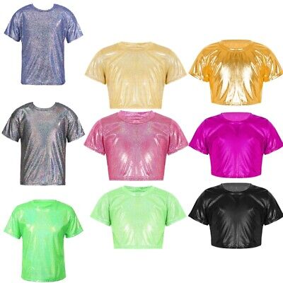 Unisex Kids T-shirts Jazz Street Dance Tops Shiny Metallic Short Sleeve Blouses