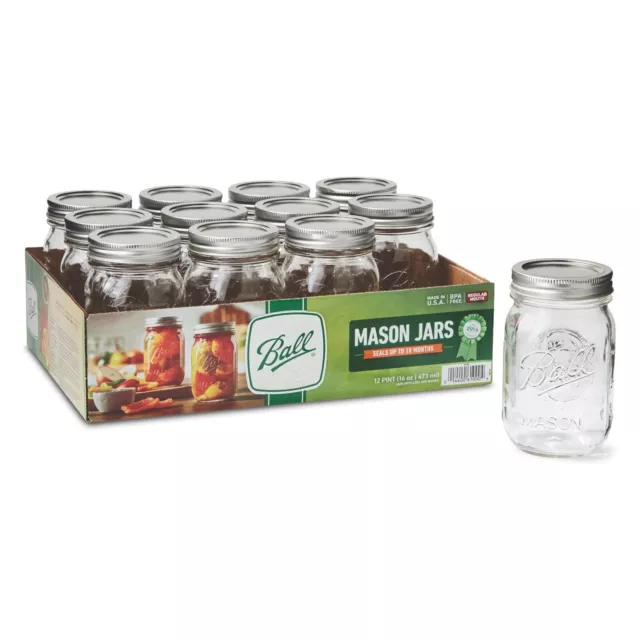 Ball Regular Mouth 16oz Pint Mason Jars with Lids & Bands, 12 Count