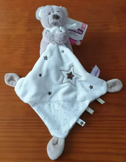 Doudou Peluche Pommette Ours Ourson Gris beige marron Mouchoir Blanc Étoile NEUF