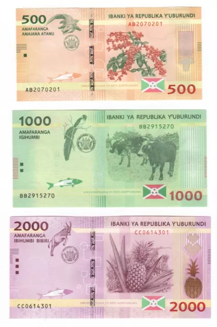 Burundi 3er Set Banknoten, 500, 1000 und 2000 Franken - UNC