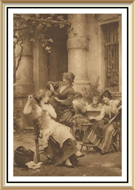 Original 1901 alte antike präraffaelitische LUKE FILDES Kunstdruck FRESCO TOILETTE