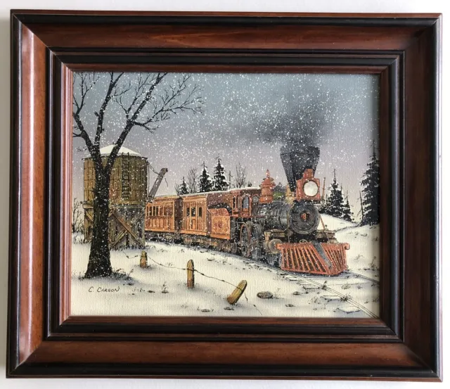 Vintage Carson Framed Winter STEAM TRAIN Silk Screen Oil Painting Signed Canvas