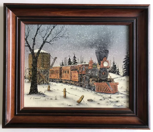 Vintage Carson Framed Winter STEAM TRAIN Silk Screen Oil Painting Signed Canvas