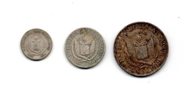 El Salvador: Silver Coin - 5, 10 & 25 Centavos 1911 KM #121, #122 & #123