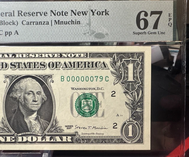 $1 2017 FEDERAL RESERVE NOTE B/C Block 2 DIGIT SERIAL NUMBER #79 PMG 67 ...