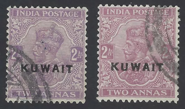 AOP Kuwait 1923-24 overprints on India KGV 2a both shades used SG 4/4a