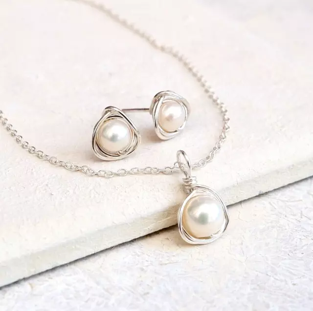 Pearl Necklace Earring Set Sterling Silver Handmade June Birthstone Gift Wrapped