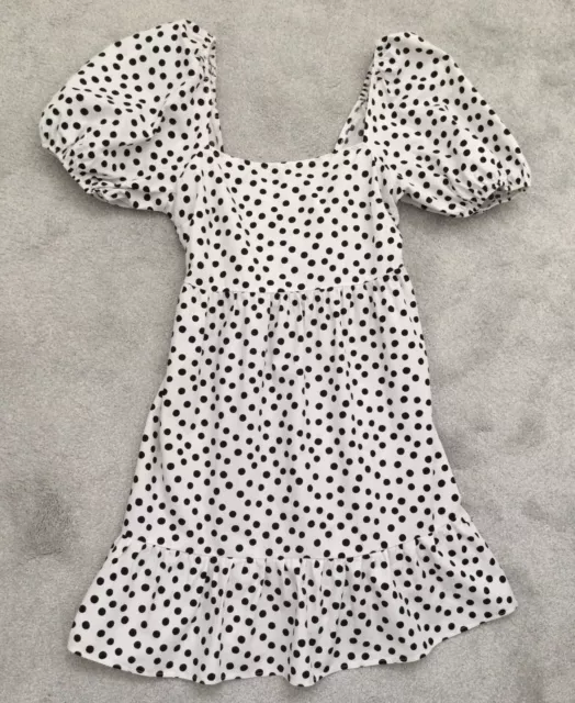 MISS SELFRIDGE Dress White Black Polka Dot Puff Sleeves Size 10