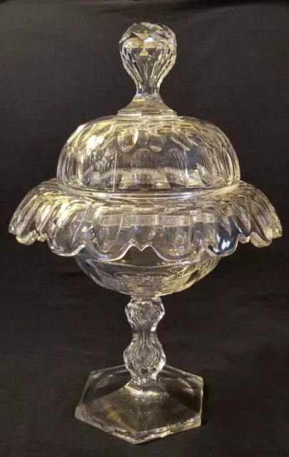 Mid 19th Century English Blown & Cut Clear Lead Glass Covered Compote 12" Tall