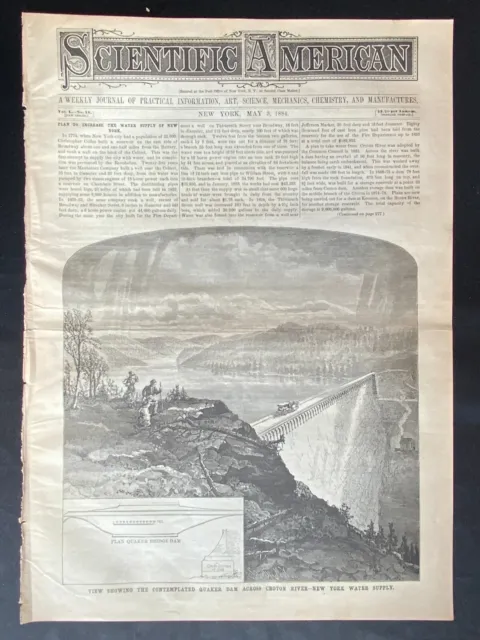 1884 Scientific American Cover Page ~NY Quaker Bridge Dam Croton River Engraving