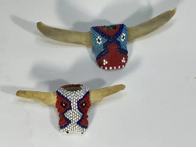 Lot of 2 Huichol Indian Inspired Beaded Cow Skull Handmade From Bone Folk Art