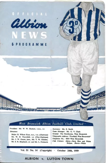 West Bromwich Albion V Luton Town 24 October 1959 Division 1 Vgc