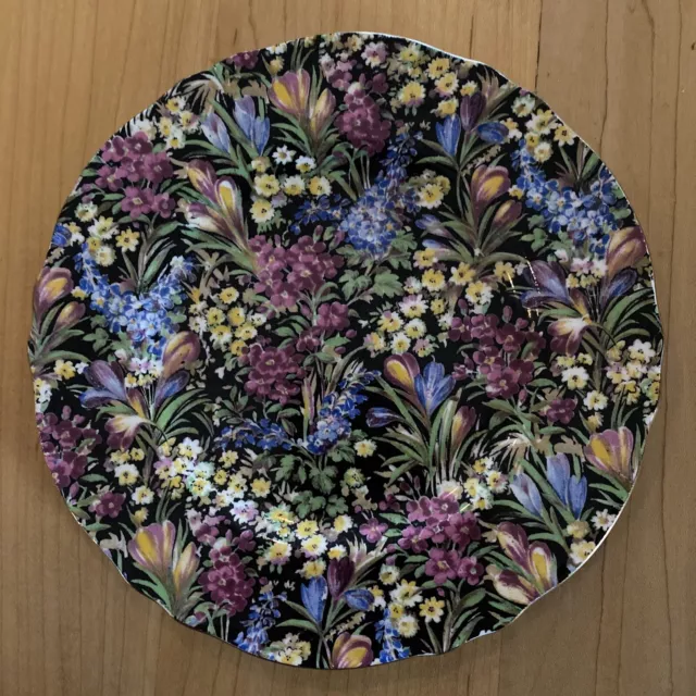 Royal Winton Grimwades chintz floral plate England black ground gold edge