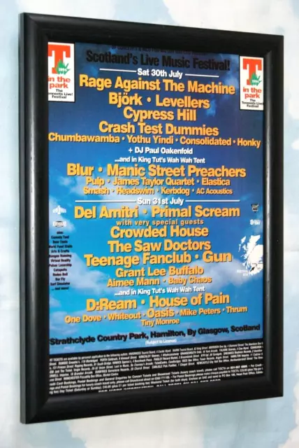 T IN THE PARK festival 1994 BLUR PULP OASIS CYPRESS Framed original promo poster