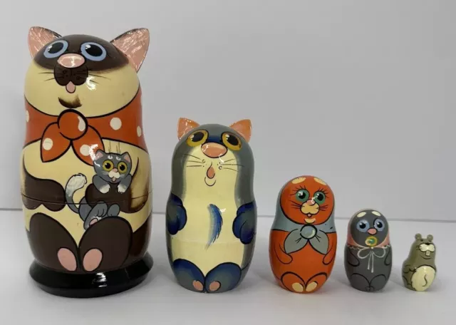 Russian Matryoshka Nesting Dolls 5 Pcs Cats & Mouse Hand Painted Whimsical READ