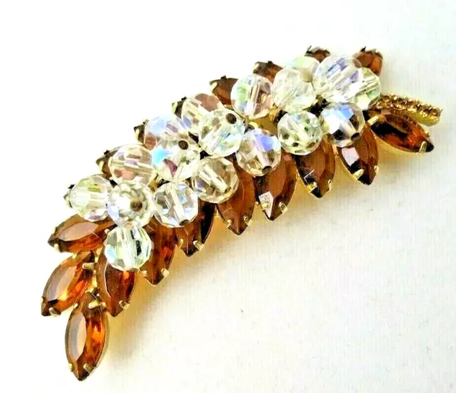 Amber Navette Rhinestone AB Crystal Beads Large 3.5" Vintage Brooch SUPERB