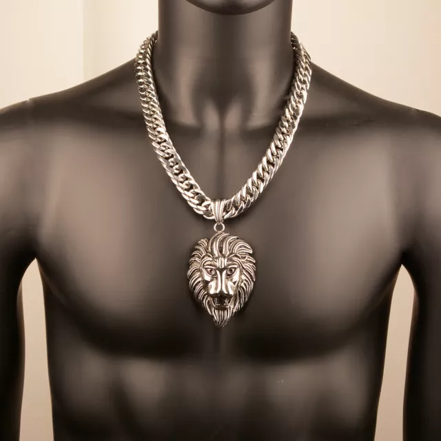 Big Lion Head Pendant Mens Heavy Necklace Stainless Steel Cuban Miami Link Chain 3