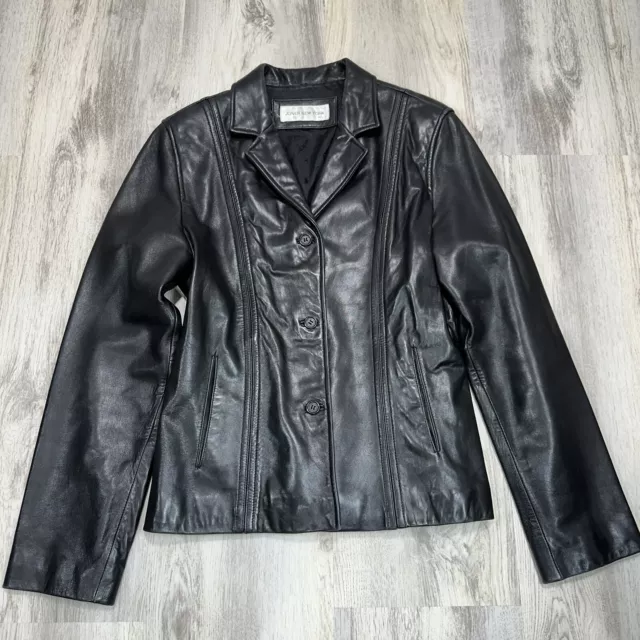 Women's Jones New York Black Leather Jacket Blazer Lined Three Buttons Sz S