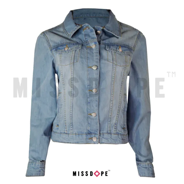 New Casual Blue Denim Wash Jean Jacket Womens Ladies Coat Crop Long Sleeve Uk