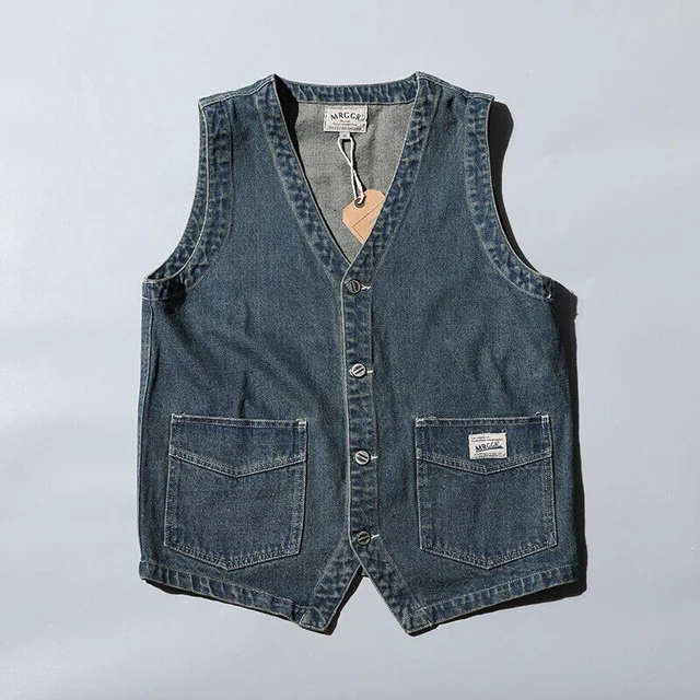 2023 Vintage denim vest men's sleeveless cargo jacket fashion clothing