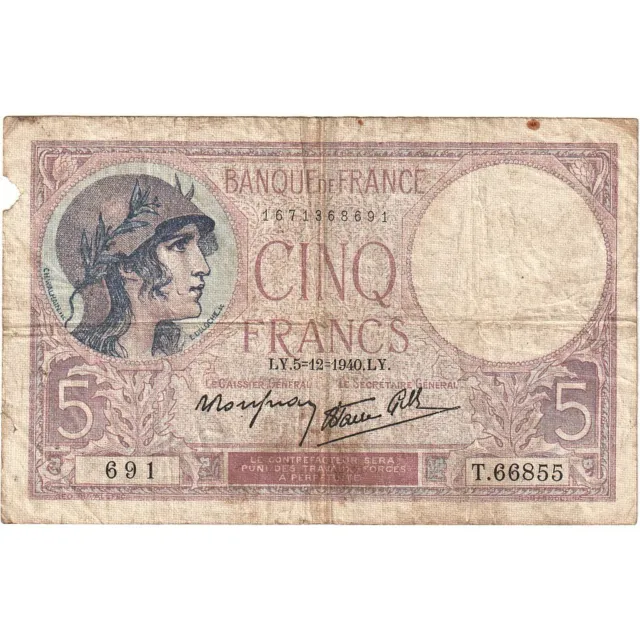 [#635425] France, 5 Francs, Violet, 1940, T.66855, F(12-15), Fayette:4.14, KM:83