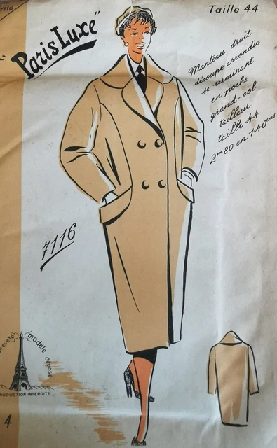 Patron Vintage PARIS LUXE Pour Manteau Taille 44 - Ancien, Scellé, Jamais Utilisé