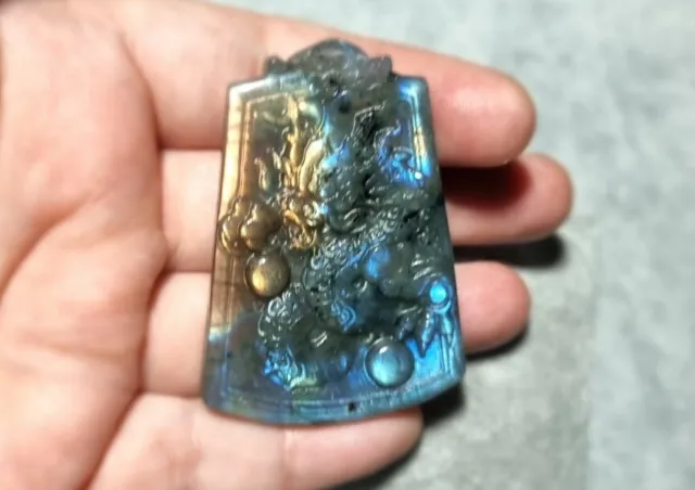 Labradorite Natural  Crystal Chinese Dragon Carving  Orange/Blue Flash