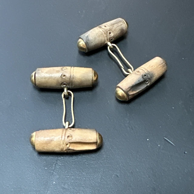 Boutons De Manchette Plaqué Or 18k - Design Art Nouveau En Bambou - Occasion Très Bon état