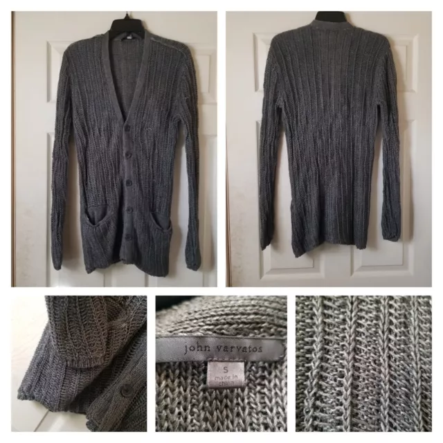 John Varvatos Sweater Mens Small Gray Cardigan Linen Cable Knit Button Runway