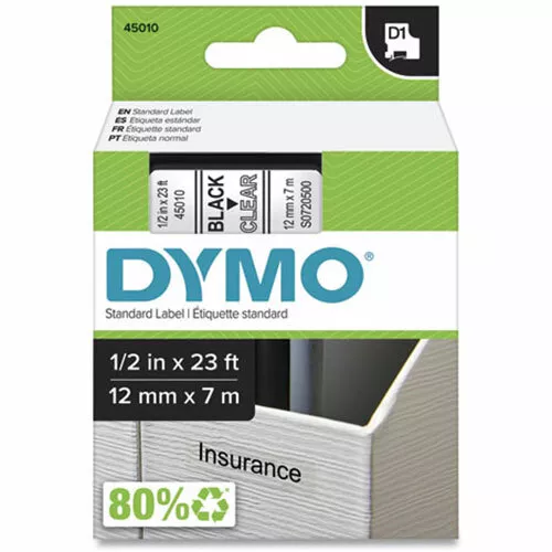 Dymo DYM45010 LabelPoint 200 D1 Tape Cartridge, 1/2" x 23 ft, Black on Clear