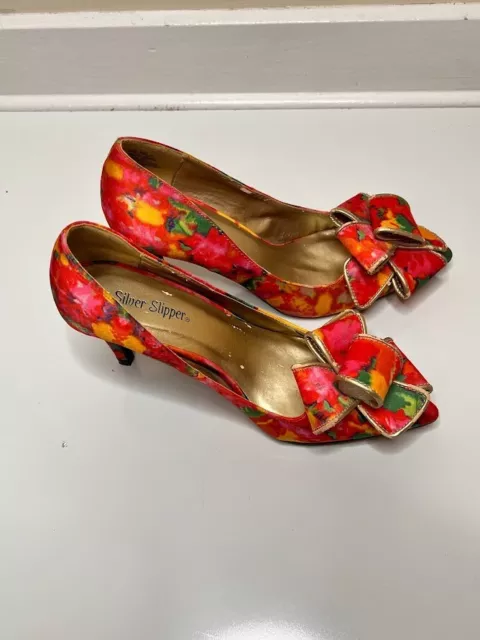 Silver Slipper Verity Bow Pumps Women's Orange Floral Printed Slip On Heels