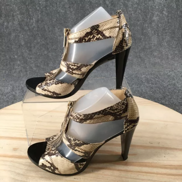 Michael Kors Heels Womens 7 Berkley Snake Print Zip Peep Toe Ankle Strappy Beige 2