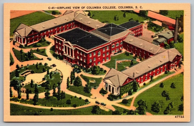 Aerial View Columbia College South Carolina Linen School Campus Vintage Postcard