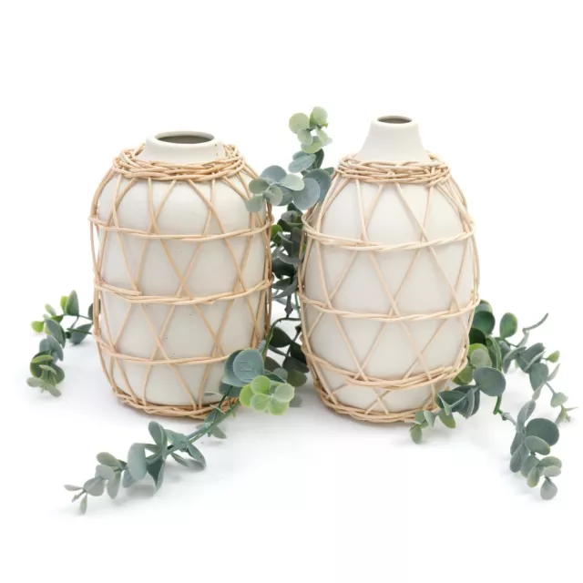 Rattan Woven Bamboo Ceramic Stone Decorative Flower Vase Boho Style - 2 Designs