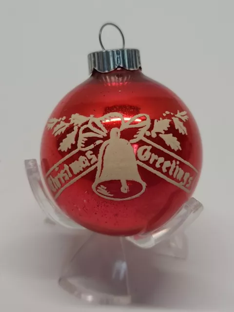 Vintage Christmas Tree Ornament Mercury Glass Shiny Brite Stencil Holly Bell Red