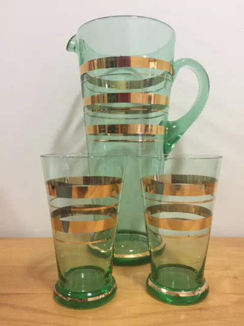 Vintage MCM Green Glass Water Jug Pitcher gold gilt striping 25.5 cm + 2 glasses