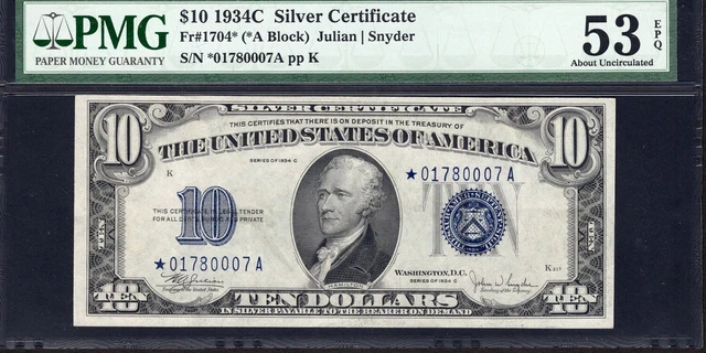 STAR NOTE* 1934C $10 Silver Certificate Star Note Julian /Snyder PMG- Fr.# 1704*