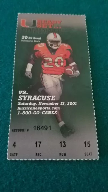 2001 Miami Hurricanes vs Syracuse Football Ticket Stub